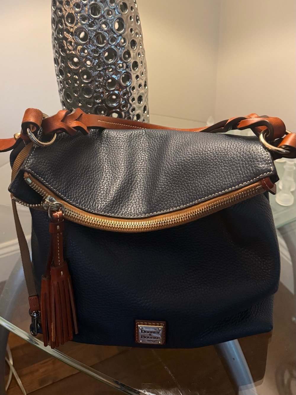 Dooney & Bourke Navy Leather Shoulder Bag with Brown Trim